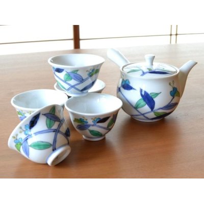 Photo1: Tea set for Green Tea 1 pc Teapot and 5 pcs Cups Hana kiko tsuyukusa Commelina communis