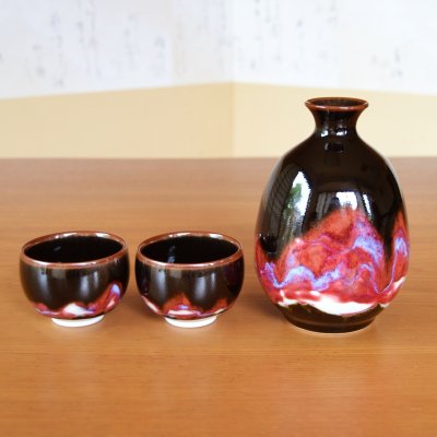 Photo2: Sake set 1 pc Tokkuri bottle and 2 pcs Cups Sankei | Kusuo Baba's work in Shinemon Kiln