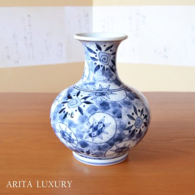 Photo1: Vase Sometsuke Hana-e Flower | The first-generation head of the Shinemon Kiln