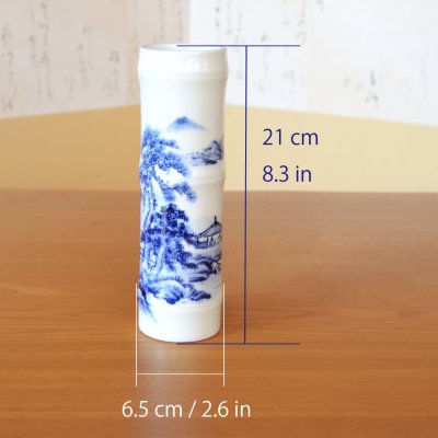 Photo8: Bamboo-Shaped Vase Sometsuke Sansui Landscape | The first-generation head of the Shinemon Kiln