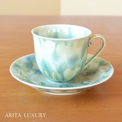 Photo1: Wakaba no Koro Green Coffee Cup and Saucer by Kusuo Baba, Second-Generation Shinemon, Shinemon Kiln