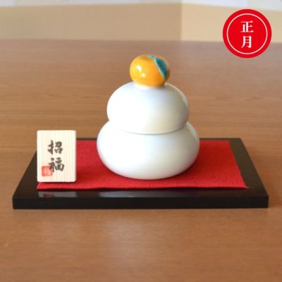 Photo1: Figurine Small Kagami-mochi Orange with wooden stand