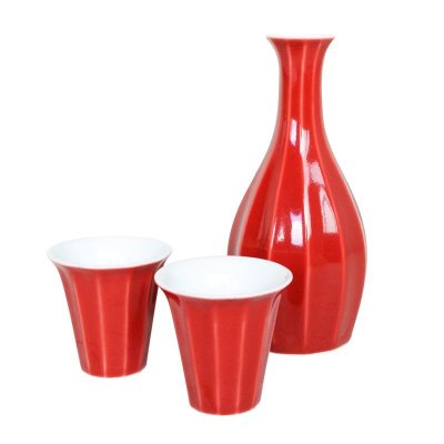 Photo1: Sake set 1 pc Tokkuri bottle and 2 pcs Cups Benisai Red