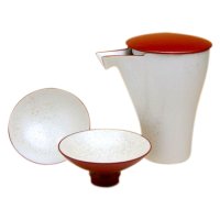 Sake set 1 pc Tokkuri bottle and 2 pcs Cups Red pearl