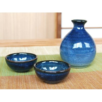 Photo2: Sake set 1 pc Tokkuri bottle and 2 pcs Cups Ai blue