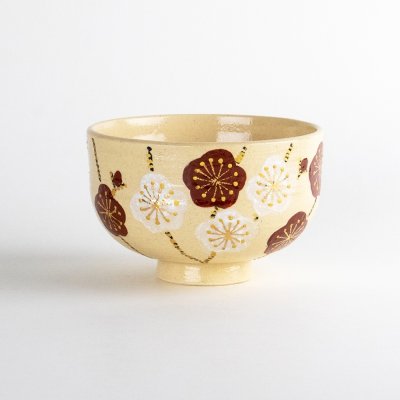 Photo1: Matcha Bowl Plum Blossom Pattern Nishiki-Ume with Wooden Box