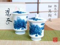 Yunomi Tea Cup with Lid for Green Tea Nabeshima sansui Landscape (pair)