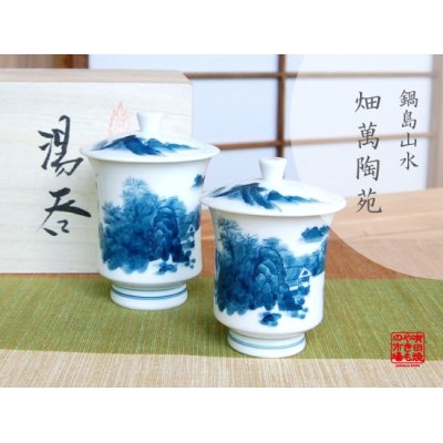 [Made in Japan] Nabeshima sansui landscape (pair) Japanese green tea cup (wooden box)