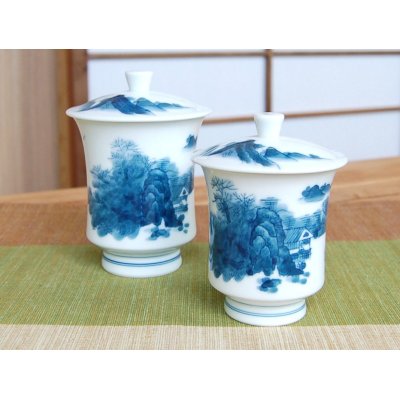 Photo2: Yunomi Tea Cup with Lid for Green Tea Nabeshima sansui Landscape (pair)