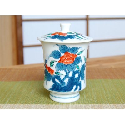 Photo2: Yunomi Tea Cup with Lid for Green Tea Iro nabeshima iwa botan (Large)