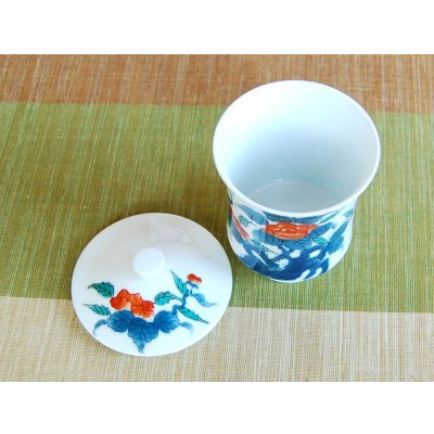 Photo3: Yunomi Tea Cup with Lid for Green Tea Iro nabeshima iwa botan (Large)