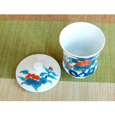 Photo3: Yunomi Tea Cup with Lid for Green Tea Iro nabeshima iwa botan (Small)
