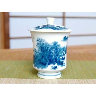 Photo2: Yunomi Tea Cup with Lid for Green Tea Nabeshima sansui Landscape (Small)