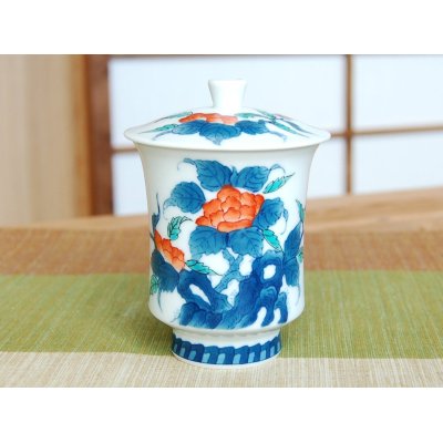 Photo2: Yunomi Tea Cup with Lid for Green Tea Iro nabeshima uchi sansui Iwa botan (Large)