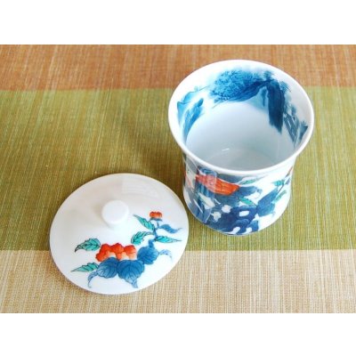 Photo3: Yunomi Tea Cup with Lid for Green Tea Ironabeshima uchi sansui iwa botan (Large)