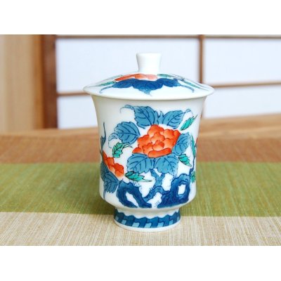 Photo2: Yunomi Tea Cup with Lid for Green Tea Ironabeshima uchi sansui iwa botan (Small)