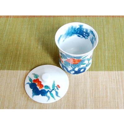 Photo3: Yunomi Tea Cup with Lid for Green Tea Ironabeshima uchi sansui iwa botan (Small)