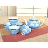 Tea set for Green Tea 1 pc Teapot and 5 pcs Cups Plutinum botan blue flower outside