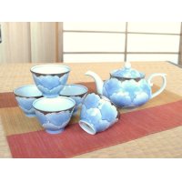 Tea set for Green Tea 1 pc Teapot and 5 pcs Cups Plutinum botan blue flower outside