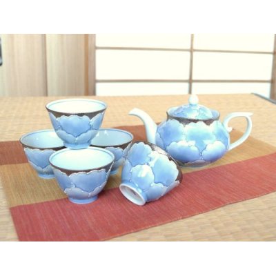 Photo1: Tea set for Green Tea 1 pc Teapot and 5 pcs Cups Plutinum botan blue flower outside