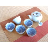 Tea set for Green Tea 1 pc Teapot and 5 pcs Cups Plutinum botan blue flower inside