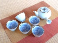 Tea set for Green Tea 1 pc Teapot and 5 pcs Cups Plutinum botan blue flower inside