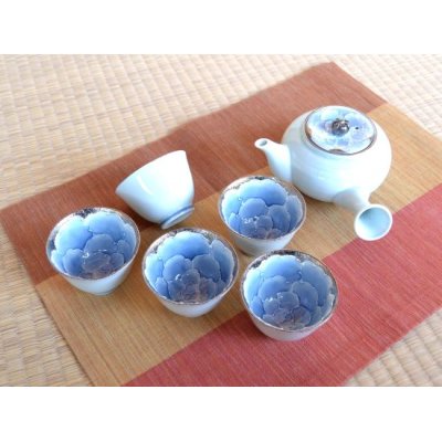 Photo1: Tea set for Green Tea 1 pc Teapot and 5 pcs Cups Plutinum botan blue flower inside