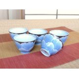 Tea Cup set for Green Tea 5 pcs Cups Plutinum botan blue flower outside