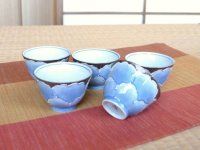 Tea Cup set for Green Tea 5 pcs Cups Plutinum botan blue flower outside