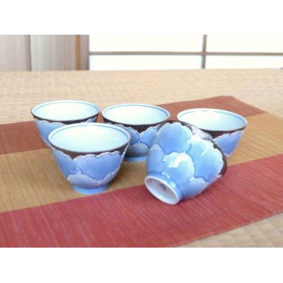 Photo1: Tea Cup set for Green Tea 5 pcs Cups Plutinum botan blue flower outside