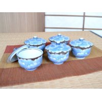 Tea Cup set for Green Tea 5 pcs Cups with Lids Plutinum botan in wooden box