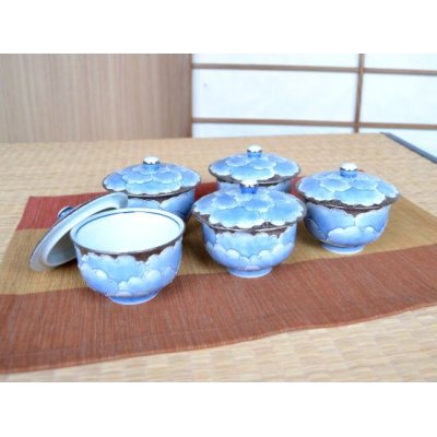 Photo1: Tea Cup set for Green Tea 5 pcs Cups with Lids Plutinum botan in wooden box