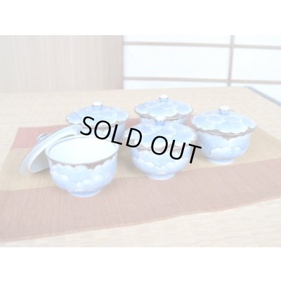 Photo1: Tea Cup set for Green Tea 5 pcs Cups with Lids Plutinum botan in wooden box