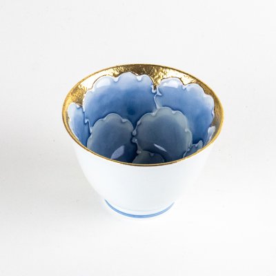 Photo2: Yunomi Tea Cup for Green Tea Gold botan Blue flower inside