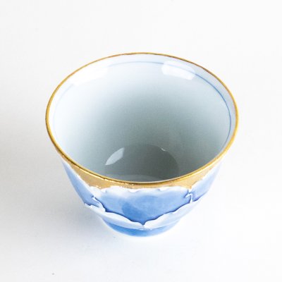 Photo3: Yunomi Tea Cup for Green Tea Gold botan Blue flower outside