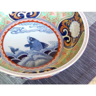 Photo3: Large Bowl (24.8cm) Somenishiki araiso-mon (Green)