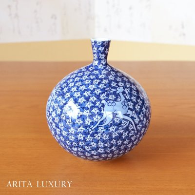 Photo1: Small Vase Sometsuke Shika Momiji Deer and Maple leaves | Fujii Kinsai's work
