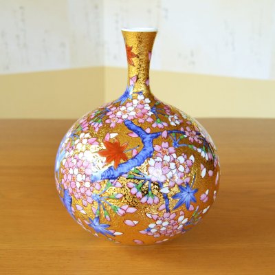 Photo3: Small Vase Kinsai Kacho Gold Flowers and Birds | Kinryugama Kiln work