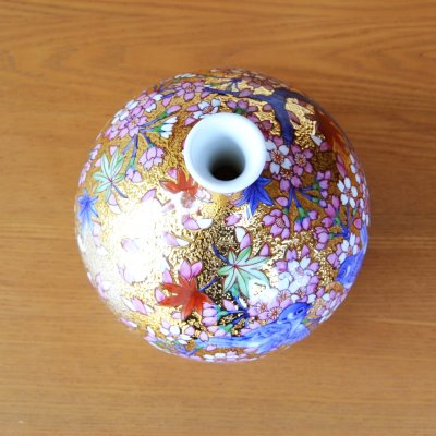 Photo5: Small Vase Kinsai Kacho Gold Flowers and Birds | Kinryugama Kiln work