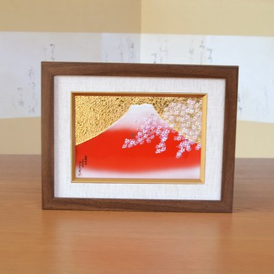 Photo1: Wall Decoration (S) Mt. Fuji and Sakura Cherry blossom | Kinryugama Kiln work
