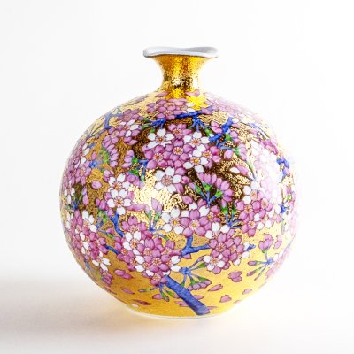 Photo2: Kinsai Sakura and Bird Vase by Kinryu Kiln