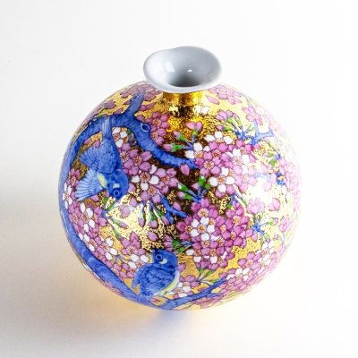 Photo3: Kinsai Sakura and Bird Vase by Kinryu Kiln