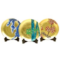 Decorative Plate with Stand (19cm) Kinrante Matsu, Take, & Ume Ornamental plate (three pieces of sets)