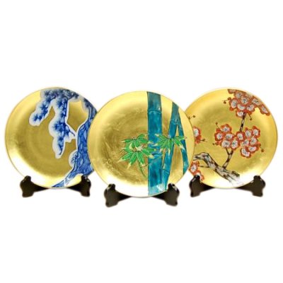 [Made in Japan] Kinrante Matsu, Take, & Ume Ornamental plate （19cm） (three pieces of sets)