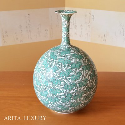Photo1: Large Vase Green Paulownia leaves | Fukuji Kitamura Traditional Craftsperson work