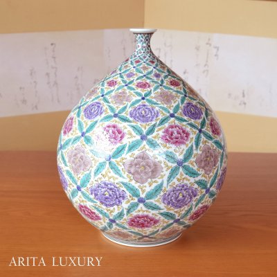 Photo1: Vase Somenishiki Botan Peony flower | Fukuji Kitamura Traditional Craftsperson work