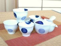 Tea set for Green Tea 1 pc Teapot and 5 pcs Cups Nisai marumon Blue Polka dots