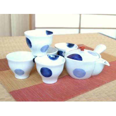 Photo1: Tea set for Green Tea 1 pc Teapot and 5 pcs Cups Nisai marumon Blue Polka dots