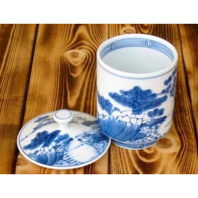 Photo2: Yunomi Tea Cup with Lid for Green Tea Sansui Landscape (Extra Large)