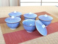 Tea cup set for Green Tea 5 pcs Cups with Lids Seigaiha